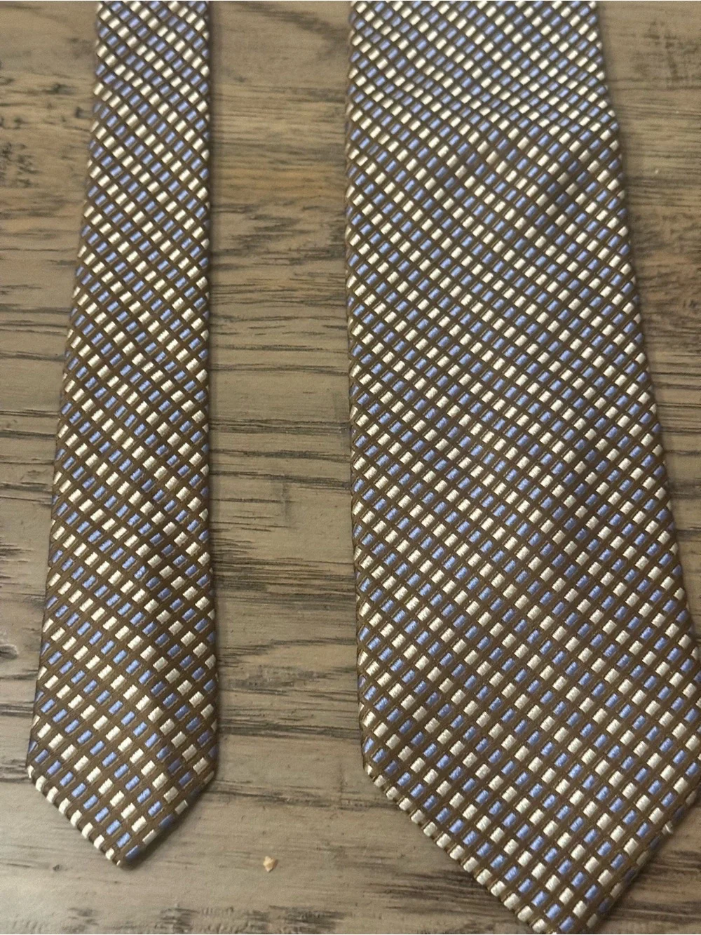 Faconnable Brown Tie with Blue and Cream Grid Pattern